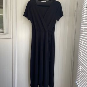 CHRIS & CAROL‎ short sleeve black faux wrap midi dress tie waist V neck size S